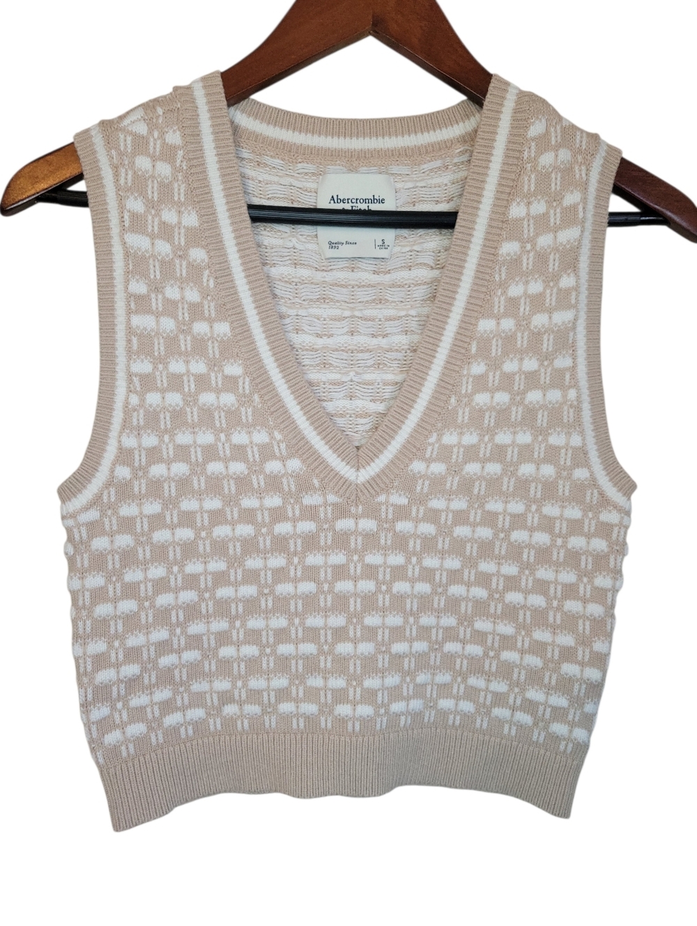 Abercrombie & Fitch Beige White Cropped Sweater Vest V-Neck Knit Academia Small - Picture 3 of 7